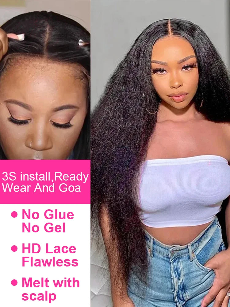 250% Density Kinky Straight Human Hair Wig – 7×5 Glueless Lace Closure, Yaki Straight, Pre-Cut & Pre-Bleached, Wear and Go