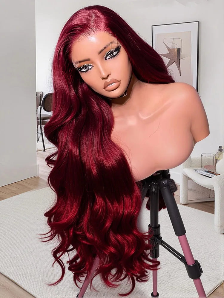 99J Burgundy Body Wave Human Hair Wig – Red Wine Color, 13×6 HD Lace Frontal & 13×4 Lace Front, 30 & 40 Inch