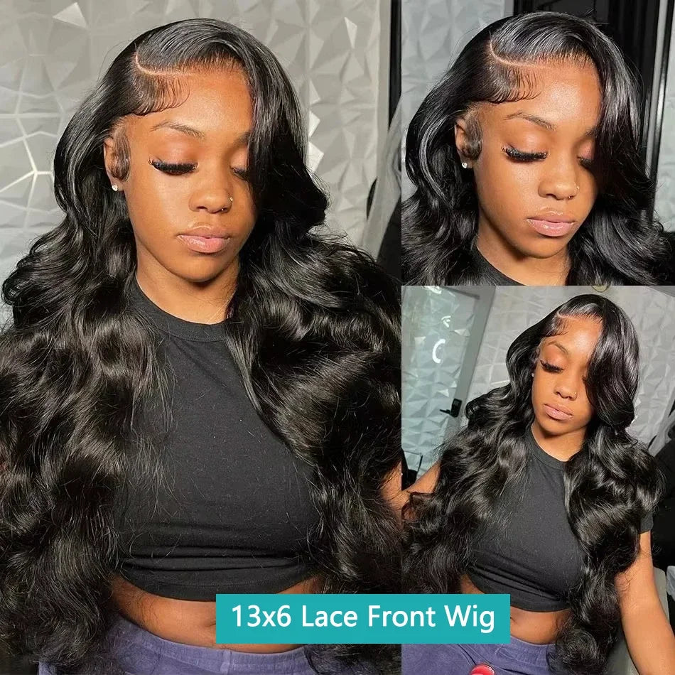 13×6 HD Lace Front Body Wave Human Hair Wig – 180% Density, Glueless, Pre-Plucked Natural Black