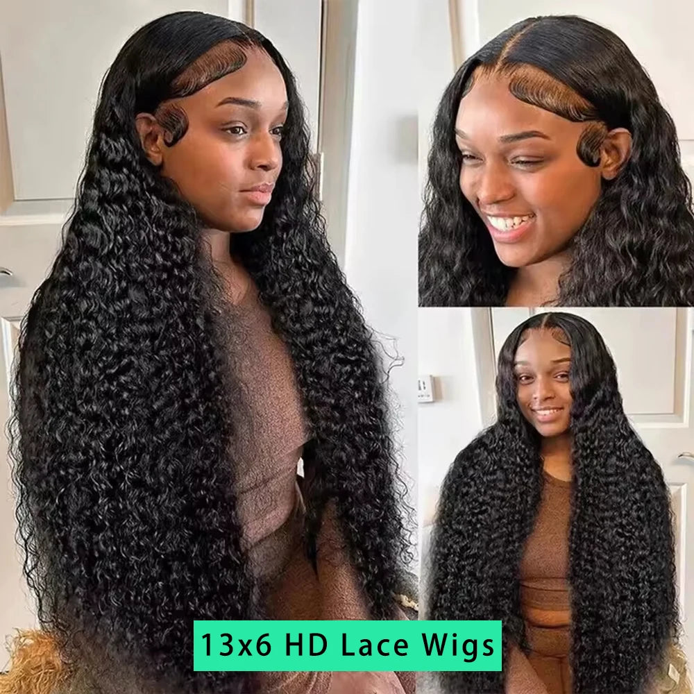 30–40 Inch Water Deep Wave Curly Human Hair Wig – 200% Density, 13×6 HD Lace Frontal, Full & Natural Look