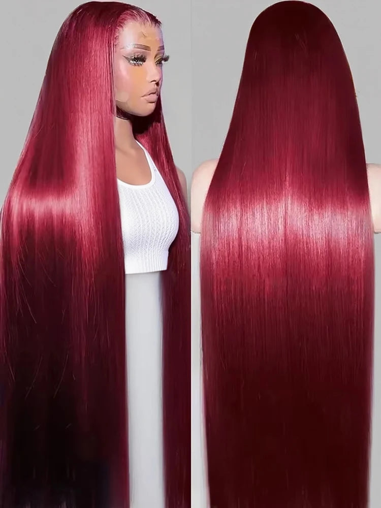 99J Burgundy Straight Human Hair Wig – Red Wine Color, 7×5 Glueless Wear & Go Closure & 13×4 Transparent Lace Front