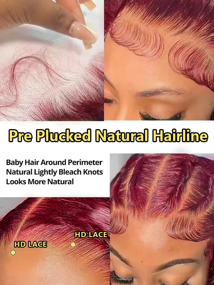 99J Burgundy Deep Wave 13x4 Red Lace Front Human Hair 30 40 Inch 13x6 HD Transparent Colored Lace Frontal Water Curly Wigs