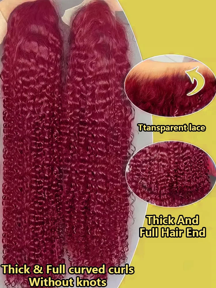 99J Burgundy Deep Wave 13x4 Red Lace Front Human Hair 30 40 Inch 13x6 HD Transparent Colored Lace Frontal Water Curly Wigs