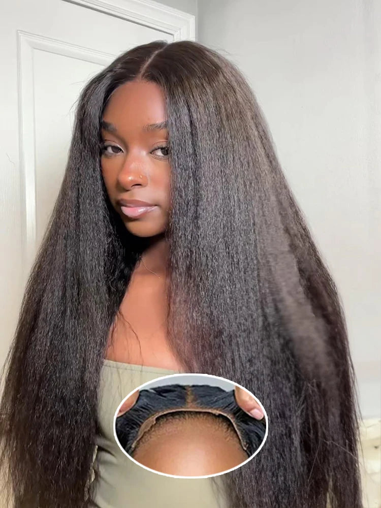 250% Density Kinky Straight Human Hair Wig – 7×5 Glueless Lace Closure, Yaki Straight, Pre-Cut & Pre-Bleached, Wear and Go