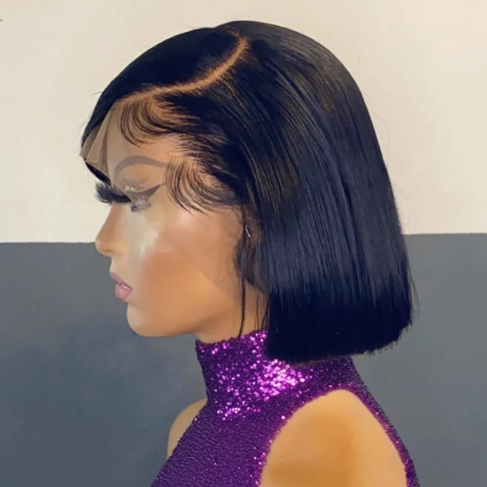 Bone Straight Short Bob Brazilian Human Hair Wig – Glueless No Glue, 13×4 HD Transparent Lace Frontal & 13×6 Lace Front
