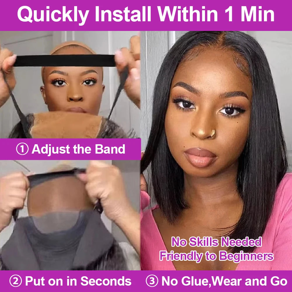 Bone Straight Short Bob Brazilian Human Hair Wig – Glueless No Glue, 13×4 HD Transparent Lace Frontal & 13×6 Lace Front