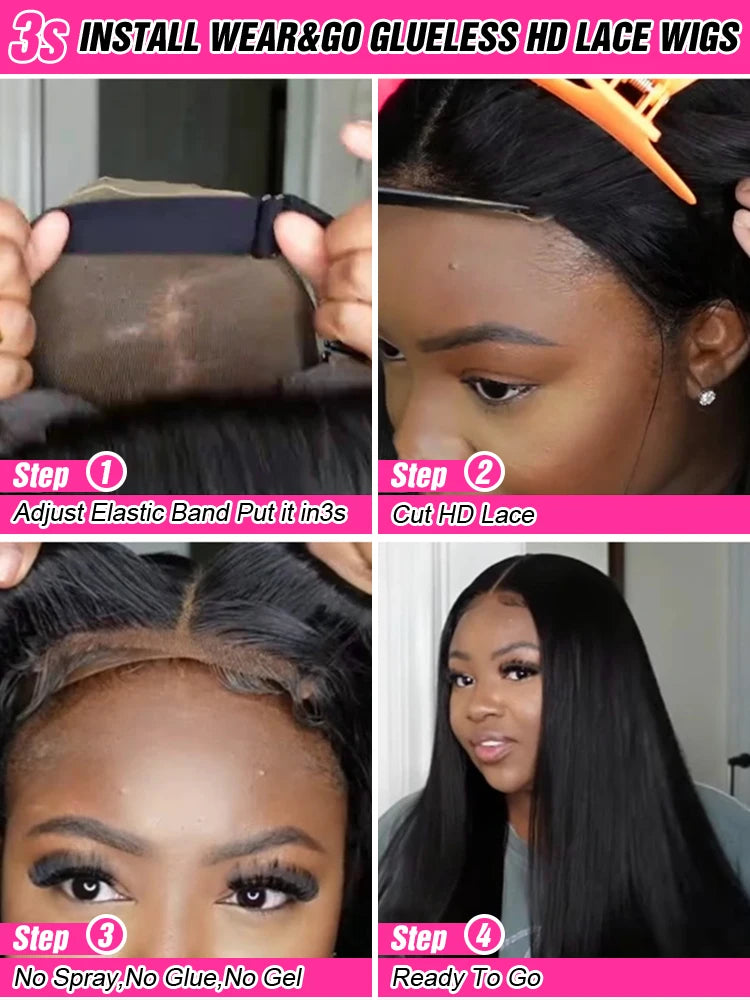 250% Density Wear and Go Glueless Straight Human Hair Wig – Pre Cut HD Lace Frontal 7×5 & 13×4, Pre-Plucked