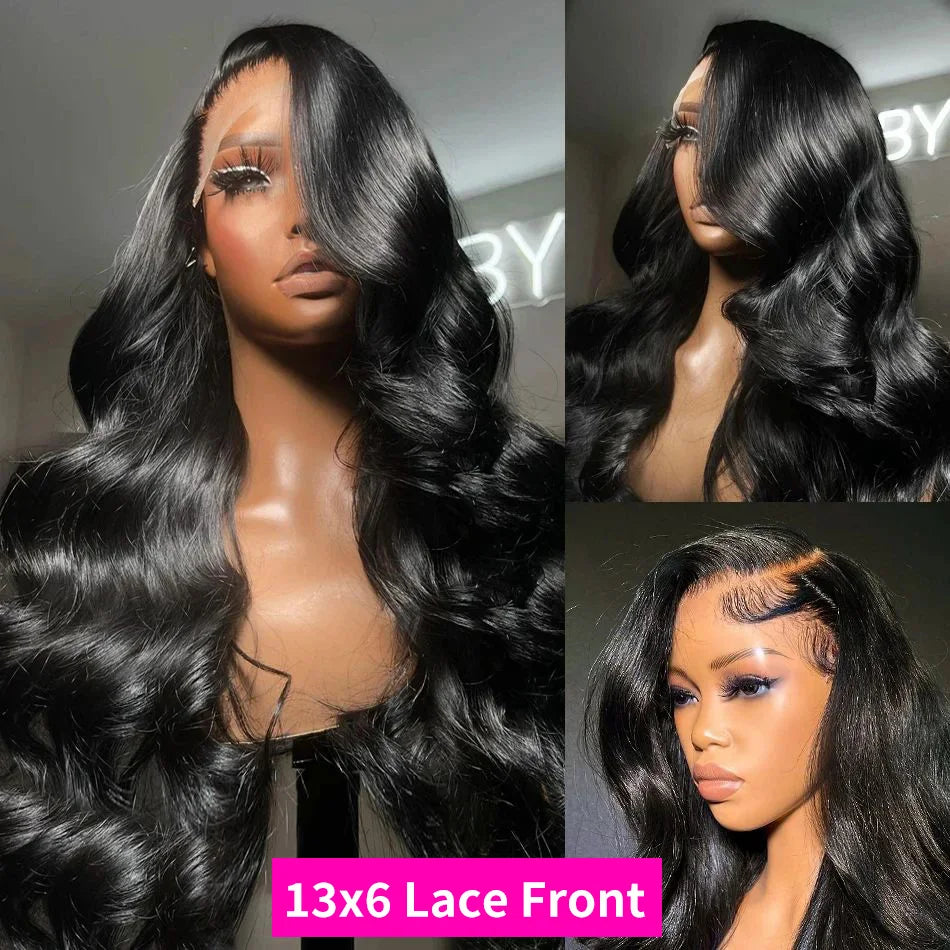 13×6 HD Lace Front Body Wave Human Hair Wig – 180% Density, Glueless, Pre-Plucked Natural Black