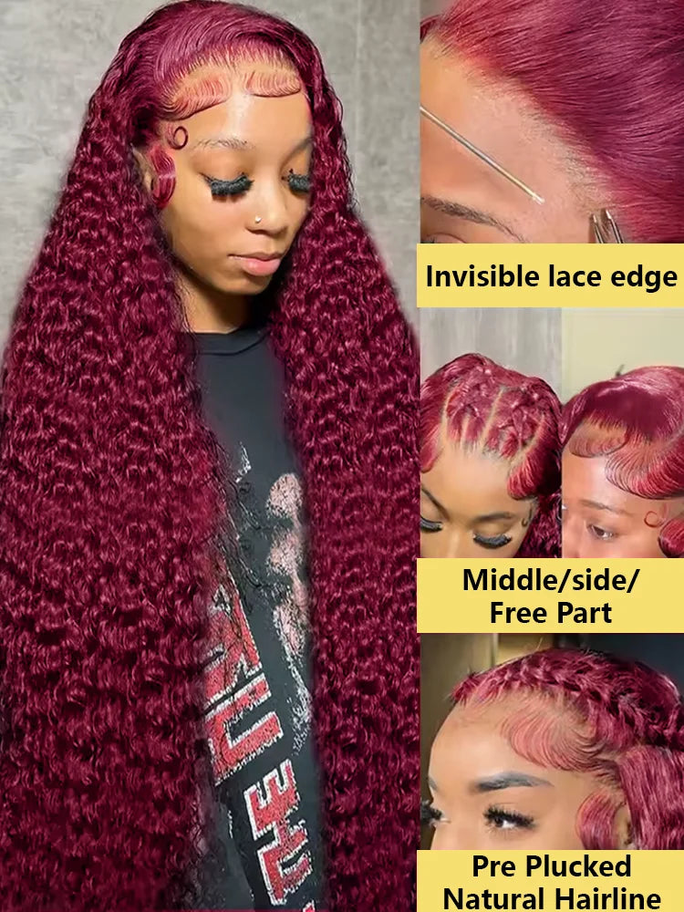 99J Burgundy Deep Wave 13x4 Red Lace Front Human Hair 30 40 Inch 13x6 HD Transparent Colored Lace Frontal Water Curly Wigs