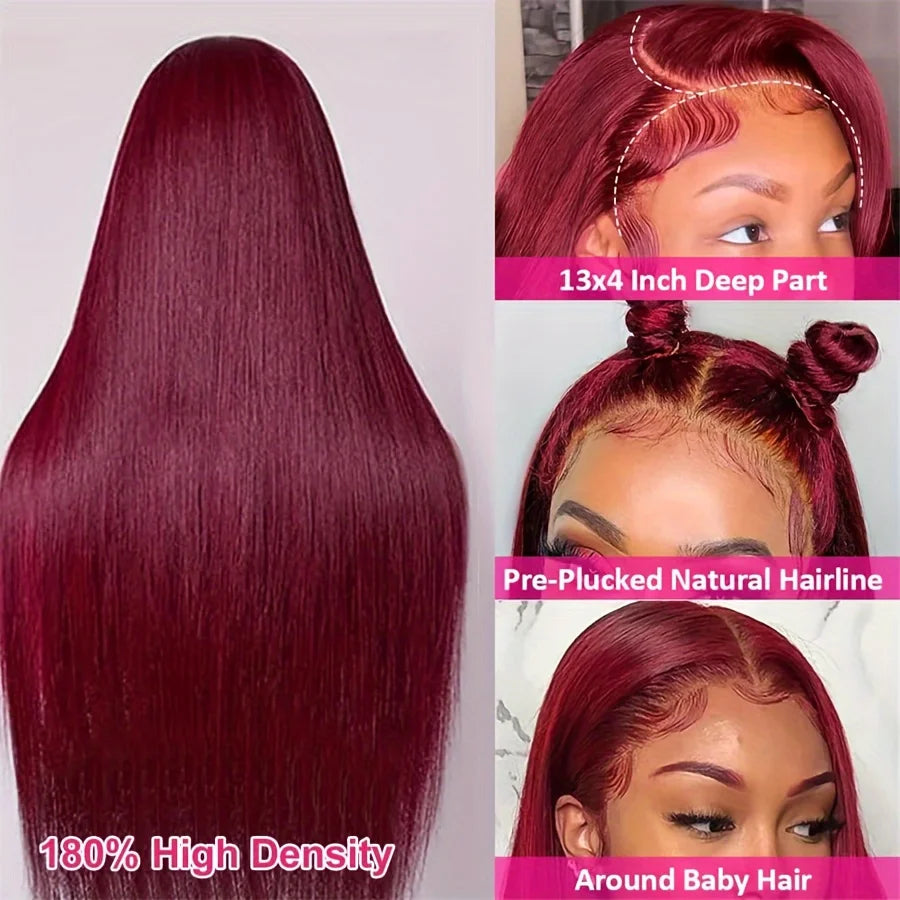 99J Burgundy Straight Brazilian Human Hair Wig – HD Transparent Lace Frontal 13×6 & 13×4, Red Wine Color, 30 & 40 Inch