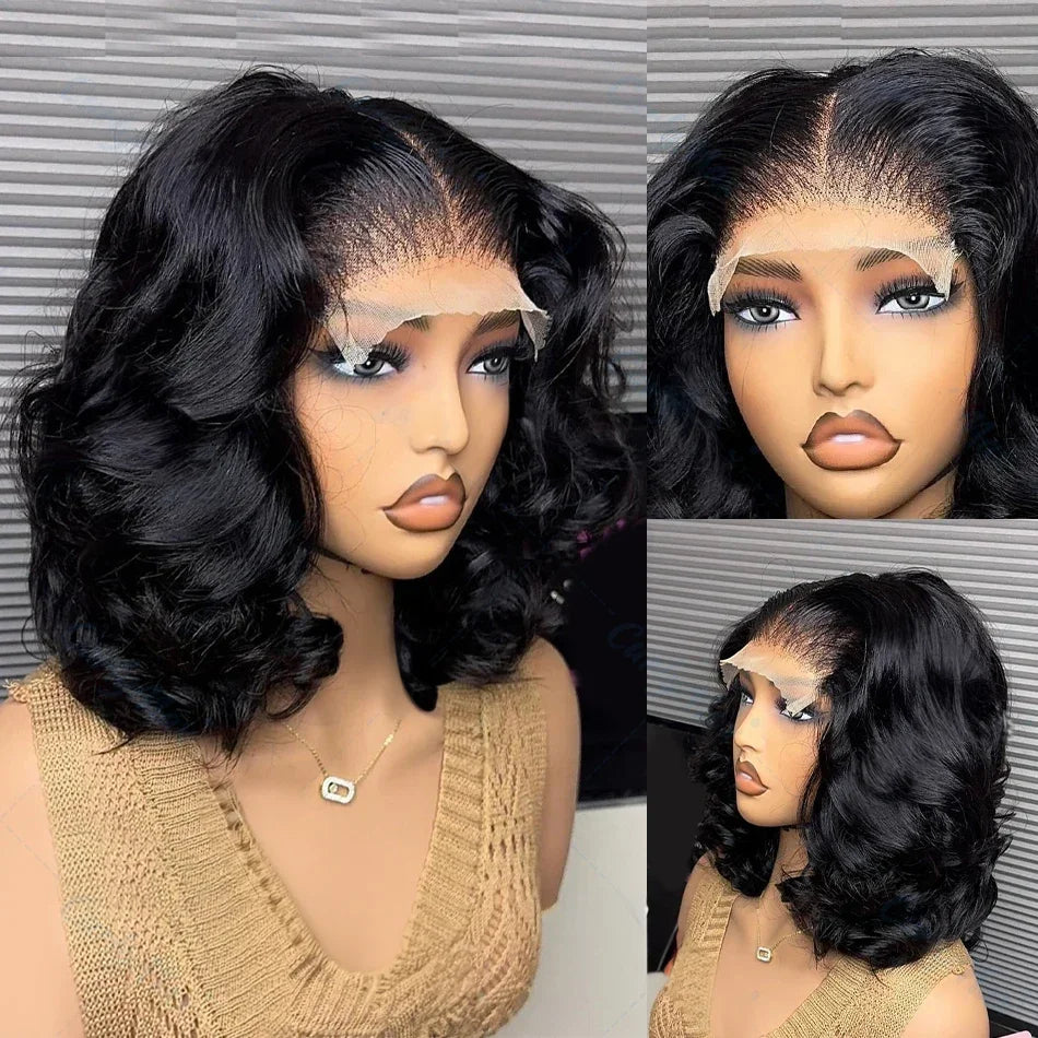 200% Density Short Bob Human Hair Wig – 13×6 HD Transparent Lace Frontal & 13×4 Lace Front, Body Wave Wavy, 5×5 & 4×4 Glueless Closure
