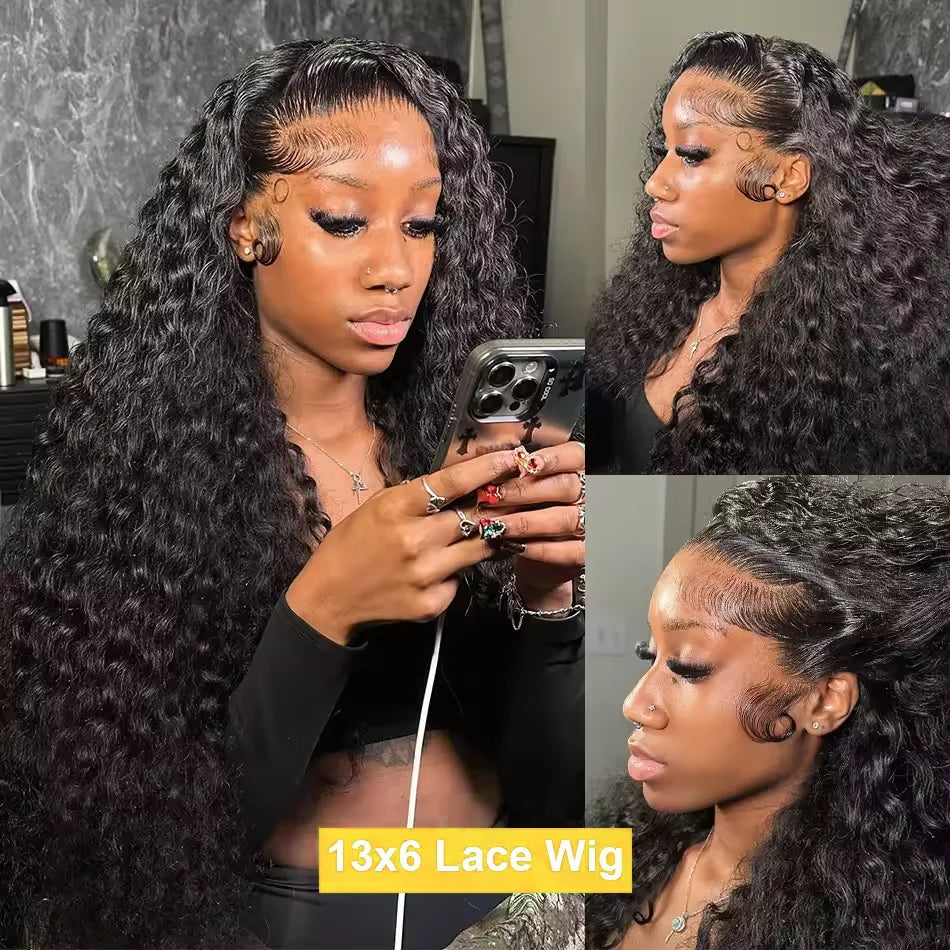 30–40 Inch Water Wave Curly Human Hair Wig – 13×6 HD Lace Frontal, Deep Wave Texture, 5×5 & 4×4 Glueless Closure, Brazilian Hair