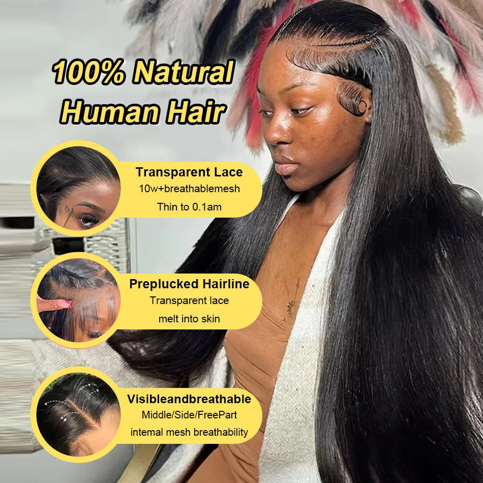 200% Density Bone Straight Human Hair Wig – 13×6 HD Transparent Lace Frontal, 5×5 Glueless Wear & Go Closure, 30 / 34 / 40 Inch
