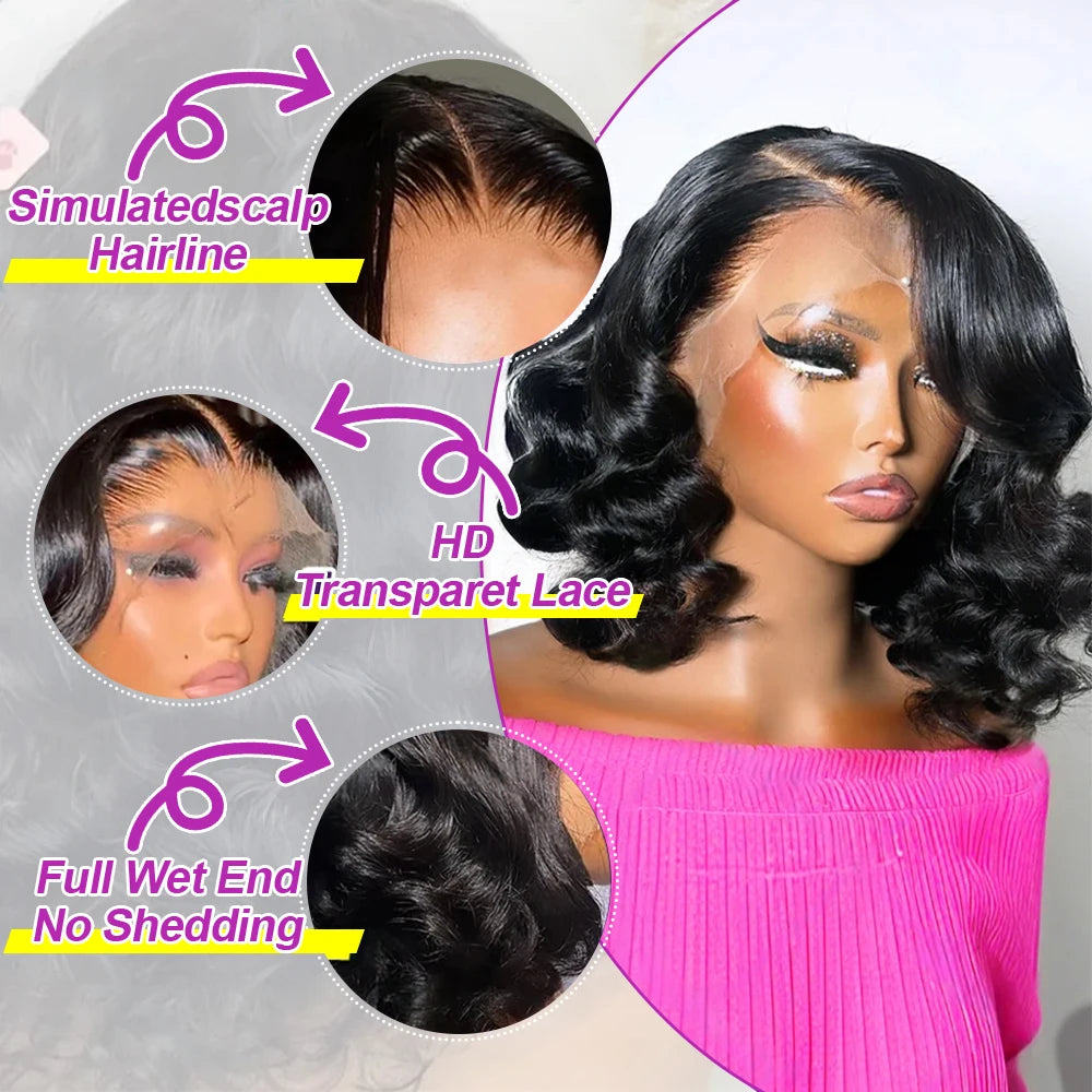Short Bob Body Wave Human Hair Wig – 13×4 Lace Frontal, Glueless Ready to Go, Pre Cut, Brazilian Hair, Pre-Plucked
