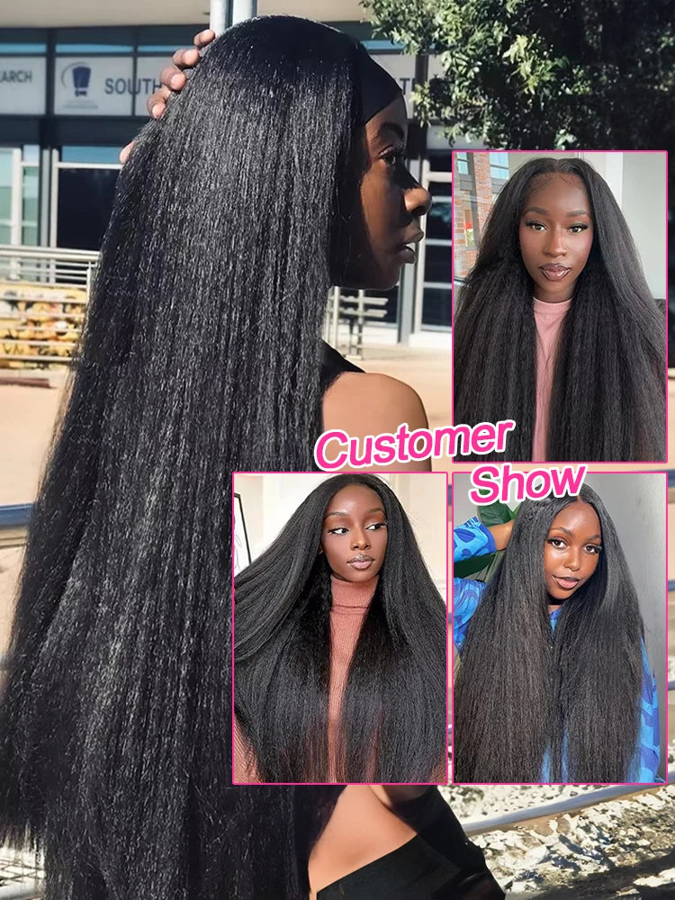 250% Density Kinky Straight Human Hair Wig – 7×5 Glueless Lace Closure, Yaki Straight, Pre-Cut & Pre-Bleached, Wear and Go