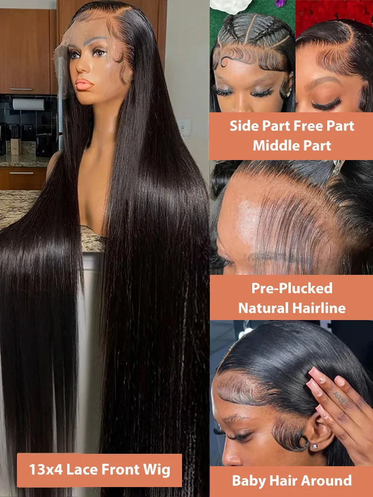 200% Density Bone Straight Human Hair Wig – 13×6 HD Lace Frontal & 13×4 Transparent Lace Front, 5×5 Glueless Ready to Wear, 30 / 36 / 40 Inch