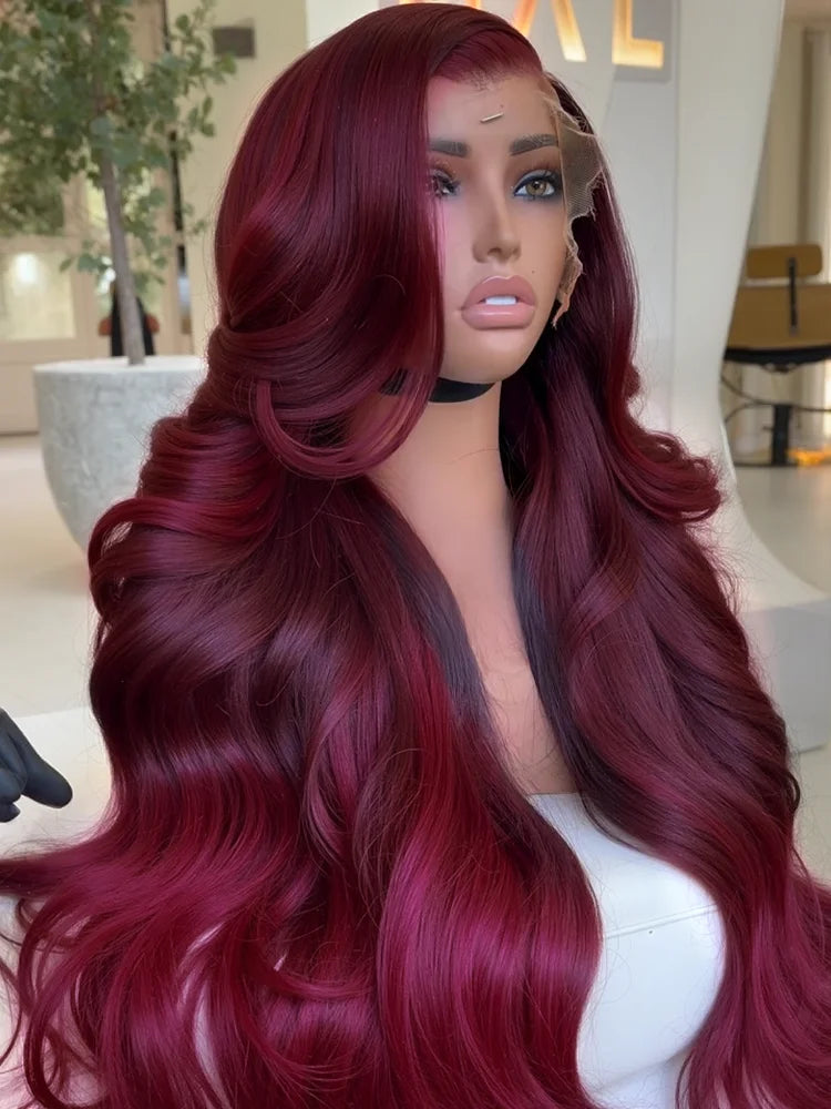 99J Burgundy Body Wave Human Hair Wig – Red Wine Color, 13×6 HD Lace Frontal & 13×4 Lace Front, 30 & 40 Inch