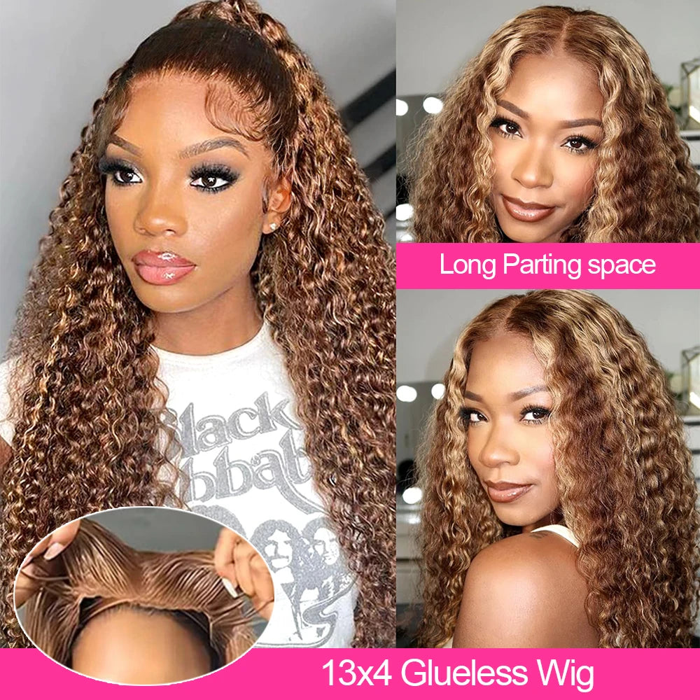 250% Density Wear and Go Glueless Curly Human Hair Wig – Brown Highlight Ombre Deep Water Wave, 13×4 HD Lace Frontal