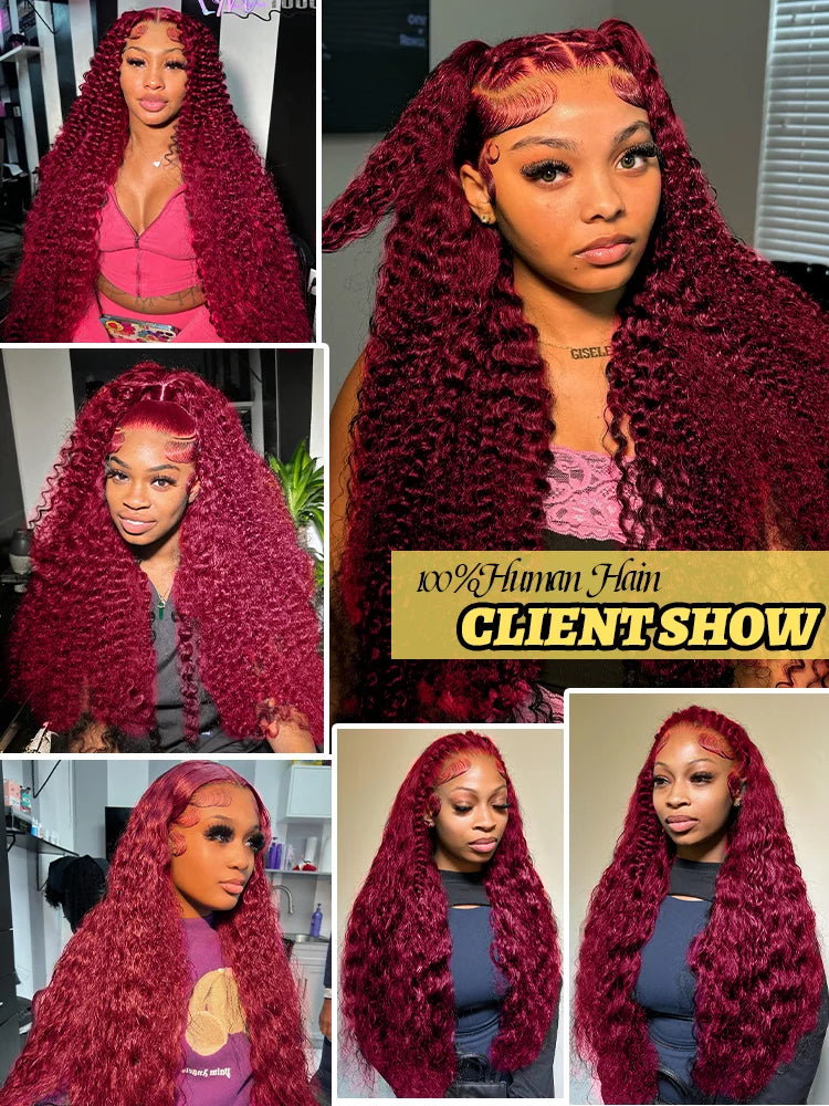 99J Burgundy Deep Wave 13x4 Red Lace Front Human Hair 30 40 Inch 13x6 HD Transparent Colored Lace Frontal Water Curly Wigs