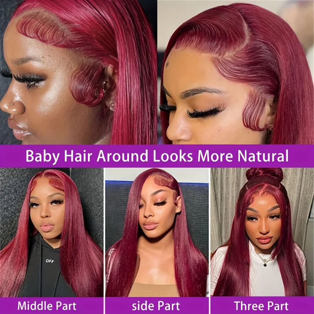 99J Burgundy Straight Brazilian Human Hair Wig – HD Transparent Lace Frontal 13×6 & 13×4, Red Wine Color, 30 & 40 Inch