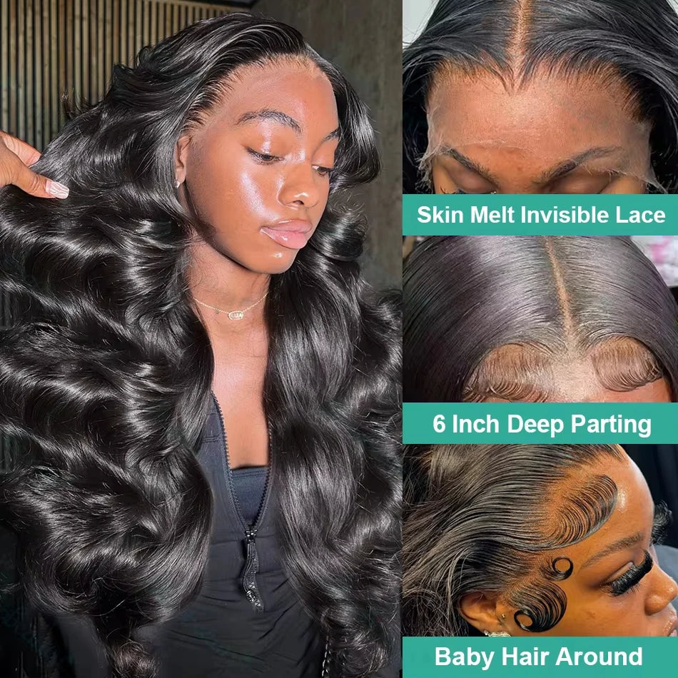 13×6 HD Lace Front Body Wave Human Hair Wig – 180% Density, Glueless, Pre-Plucked Natural Black