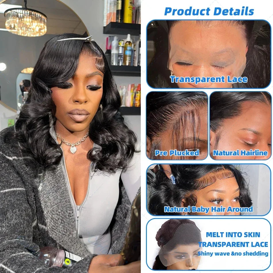 200% Density Short Bob Human Hair Wig – 13×6 HD Transparent Lace Frontal & 13×4 Lace Front, Body Wave Wavy, 5×5 & 4×4 Glueless Closure