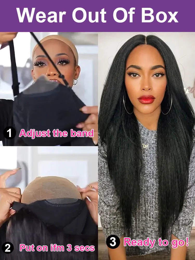 250% Density Kinky Straight Human Hair Wig – 7×5 Glueless Lace Closure, Yaki Straight, Pre-Cut & Pre-Bleached, Wear and Go