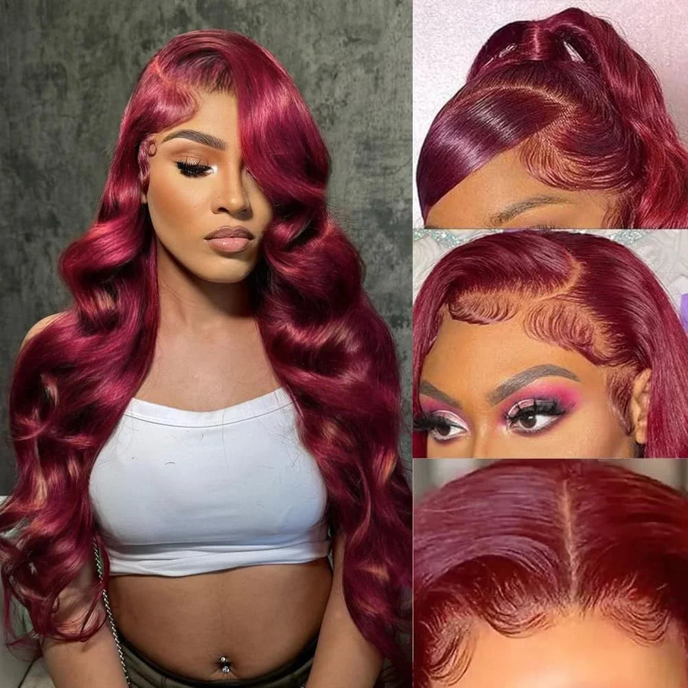 99J Burgundy Body Wave Human Hair Wig – Red Wine Color, 13×6 HD Lace Frontal & 13×4 Lace Front, 30 & 40 Inch