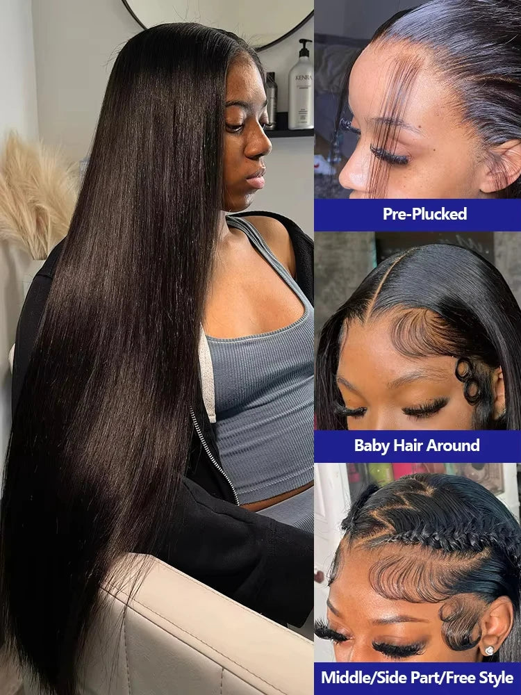 30–40 Inch Bone Straight Human Hair Wig – 13×6 HD Transparent Lace Frontal & 13×4 Lace Front, 5×5 Glueless Wear & Go Closure