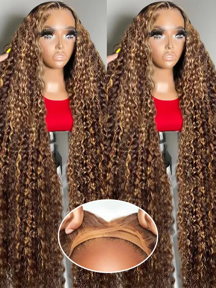 250% Density Wear and Go Glueless Curly Human Hair Wig – Brown Highlight Ombre Deep Water Wave, 13×4 HD Lace Frontal