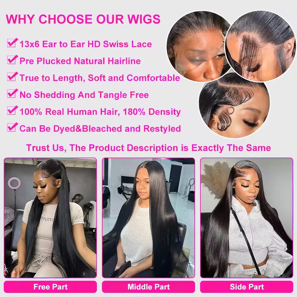 Wear & Go Glueless Bone Straight Human Hair Wig – 13×6 HD Lace Frontal & 13×4 Lace Front, 5×5 Glueless Closure, 30 & 40 Inch