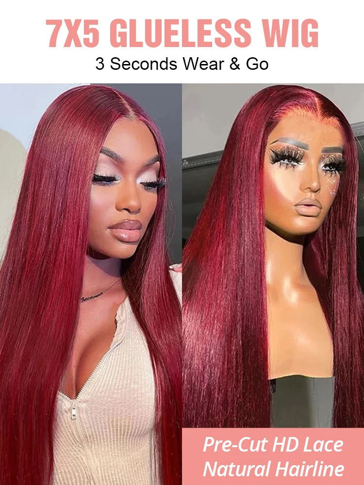 99J Burgundy Straight Human Hair Wig – Red Wine Color, 7×5 Glueless Wear & Go Closure & 13×4 Transparent Lace Front