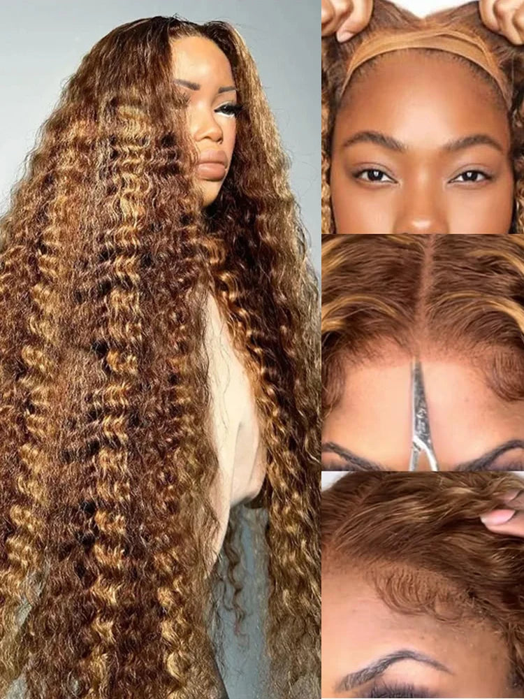 250% Density Wear and Go Glueless Curly Human Hair Wig – Brown Highlight Ombre Deep Water Wave, 13×4 HD Lace Frontal