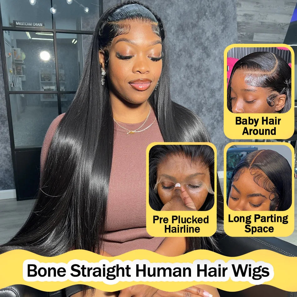 200% Density Bone Straight Human Hair Wig – 13×6 HD Transparent Lace Frontal, 5×5 Glueless Wear & Go Closure, 30 / 34 / 40 Inch