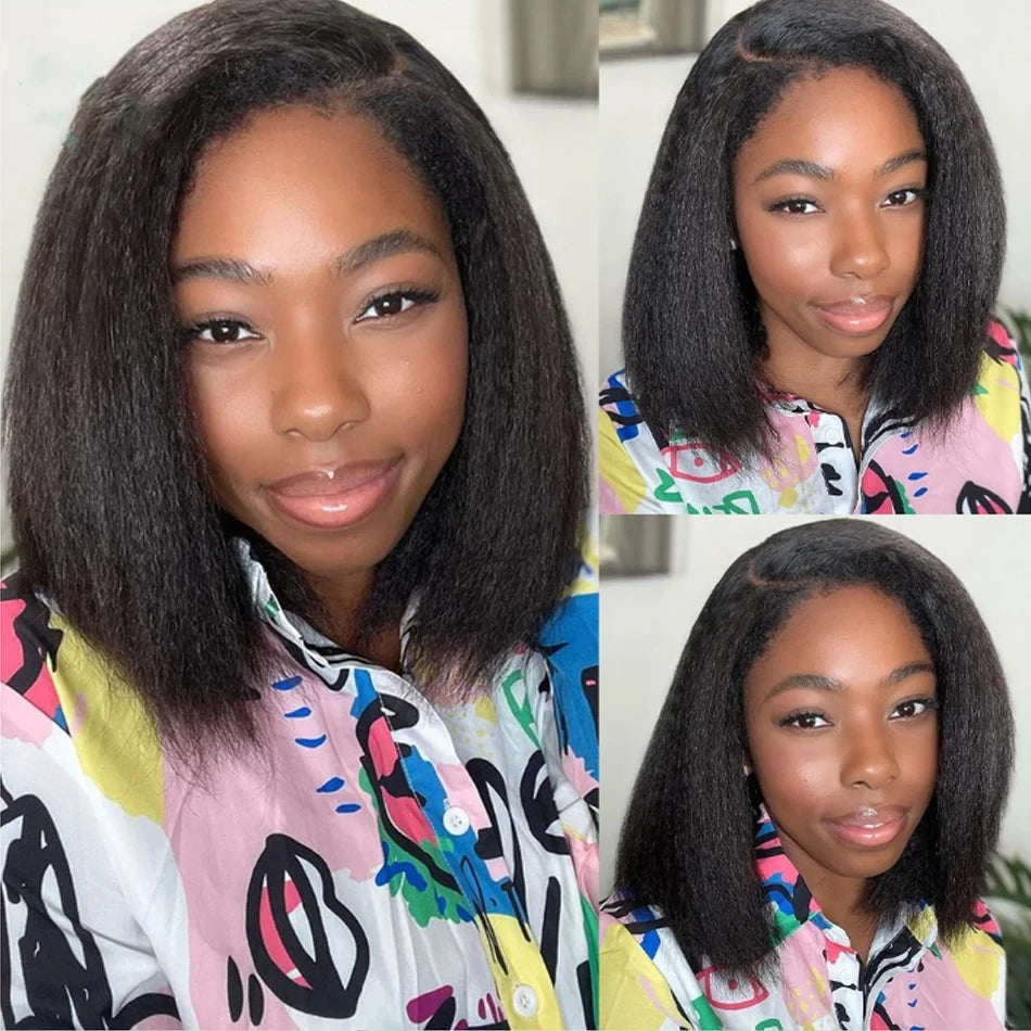 250% Density Kinky Straight Short Bob Human Hair Wig – Yaki Straight, 13×4 HD Lace Frontal, Pre-Plucked, 100% Raw Hair