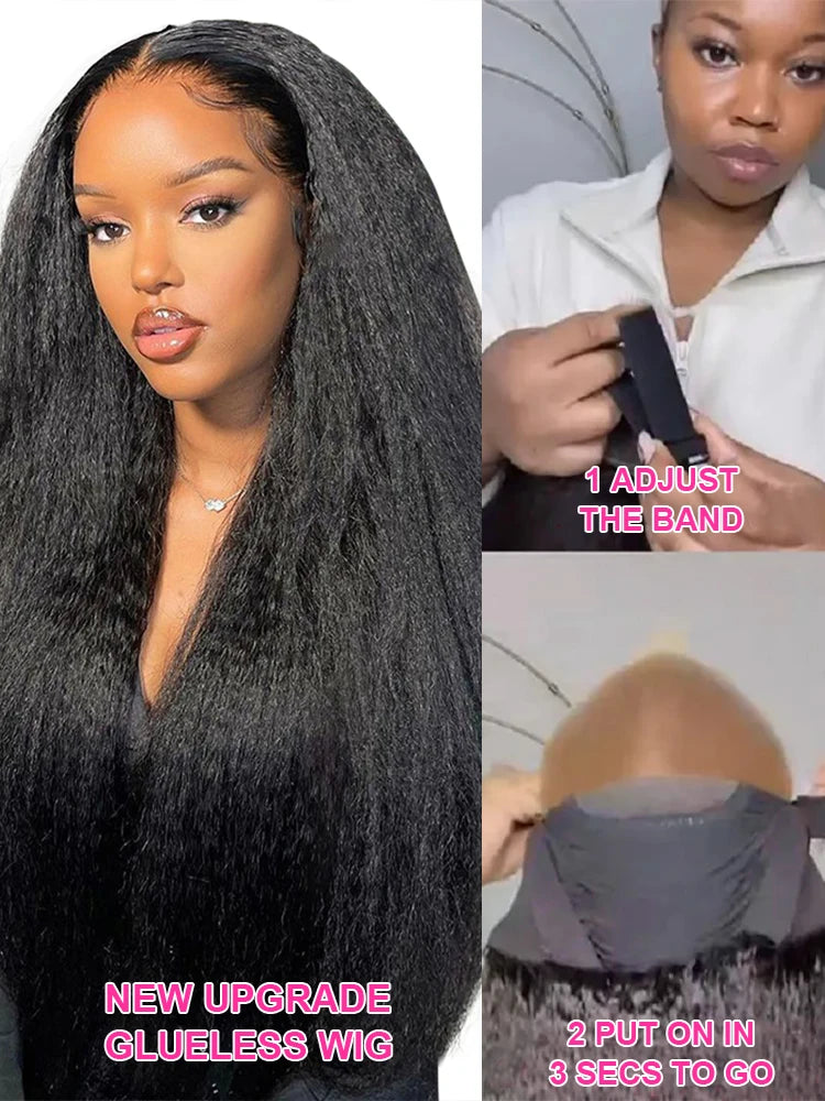 250% Density Kinky Straight Human Hair Wig – 7×5 Glueless Lace Closure, Yaki Straight, Pre-Cut & Pre-Bleached, Wear and Go