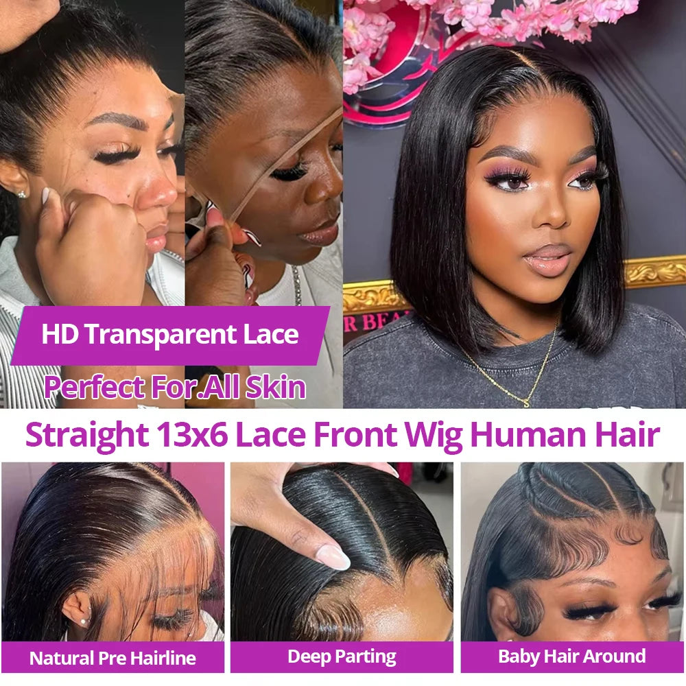 Bone Straight Short Bob Brazilian Human Hair Wig – Glueless No Glue, 13×4 HD Transparent Lace Frontal & 13×6 Lace Front