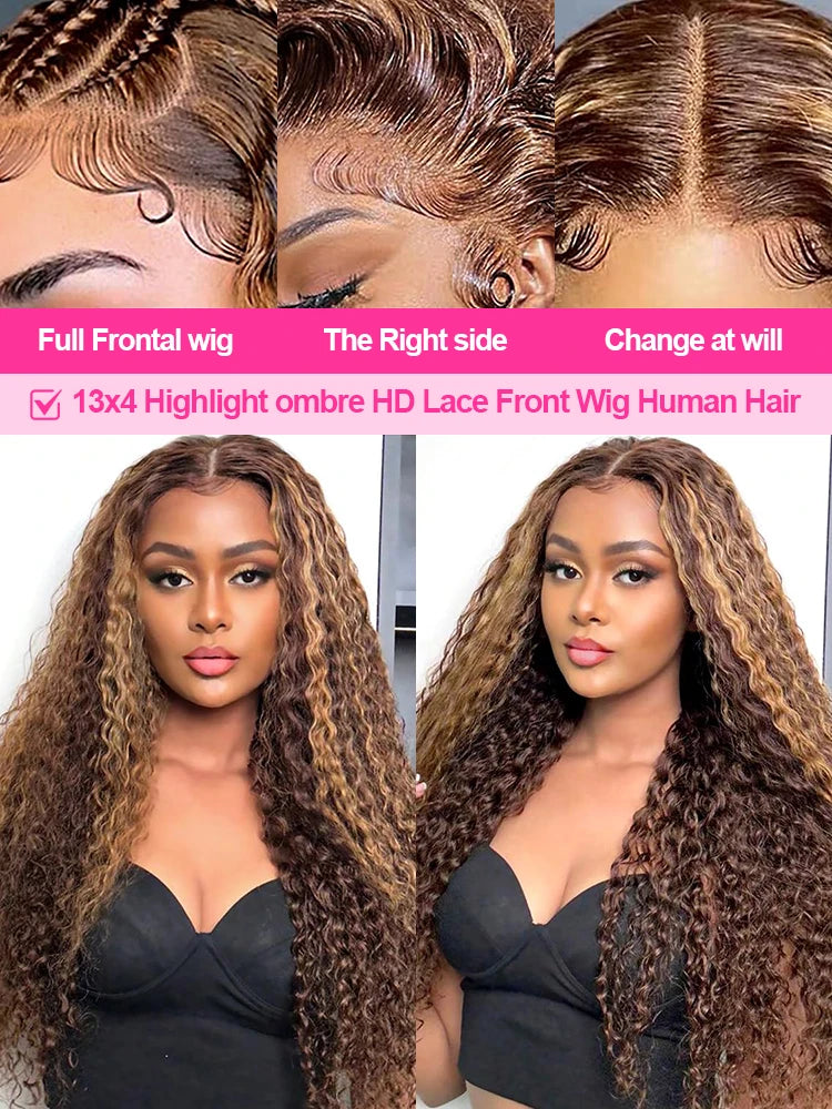 250% Density Wear and Go Glueless Curly Human Hair Wig – Brown Highlight Ombre Deep Water Wave, 13×4 HD Lace Frontal