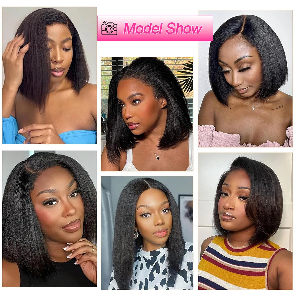 250% Density Kinky Straight Short Bob Human Hair Wig – Yaki Straight, 13×4 HD Lace Frontal, Pre-Plucked, 100% Raw Hair
