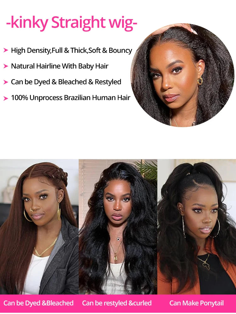 250% Density Kinky Straight Human Hair Wig – Wear and Go Glueless 7×5, Yaki Straight 13×6 Lace Frontal & 360 Full Lace