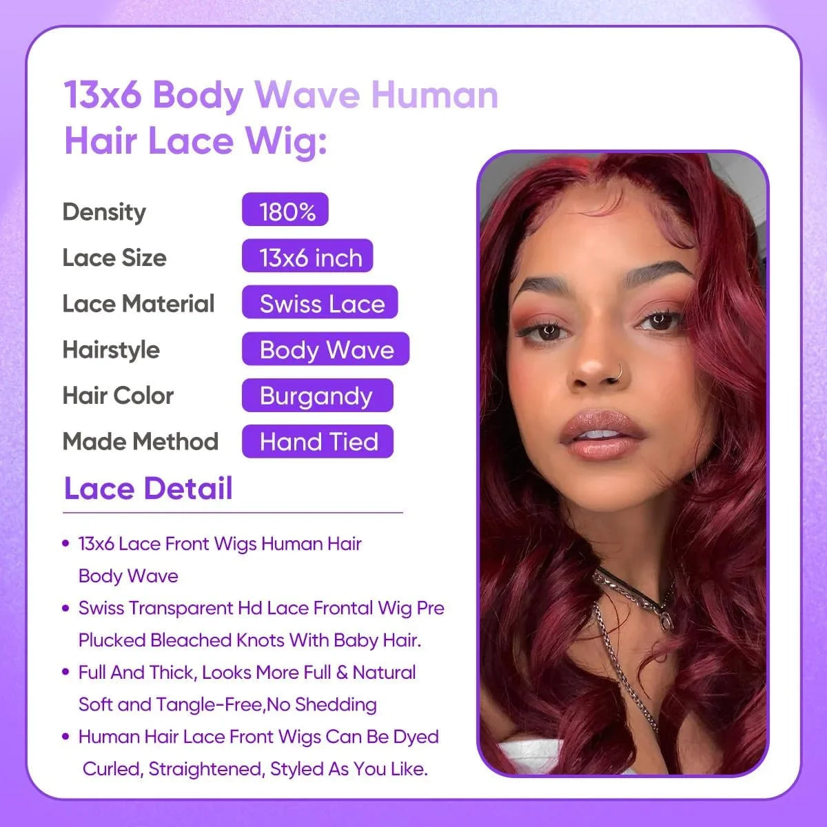 99J Burgundy Body Wave Human Hair Wig – Red Wine Color, 13×6 HD Lace Frontal & 13×4 Lace Front, 30 & 40 Inch