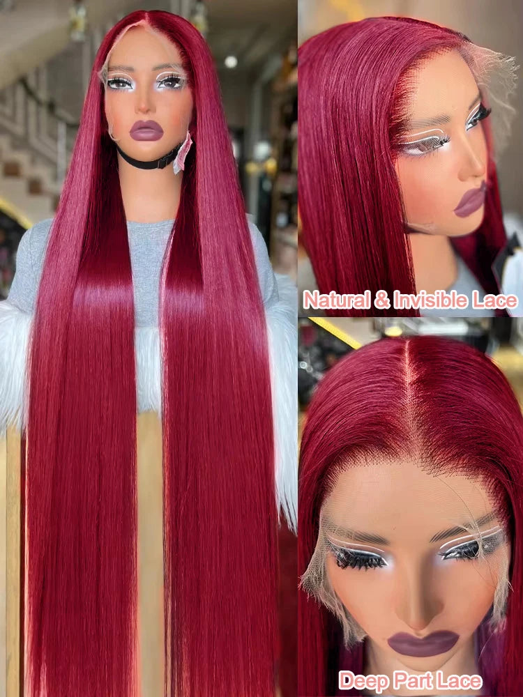99J Burgundy Straight Human Hair Wig – Red Wine Color, 7×5 Glueless Wear & Go Closure & 13×4 Transparent Lace Front