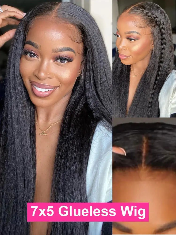 250% Density Kinky Straight Human Hair Wig – 7×5 Glueless Lace Closure, Yaki Straight, Pre-Cut & Pre-Bleached, Wear and Go