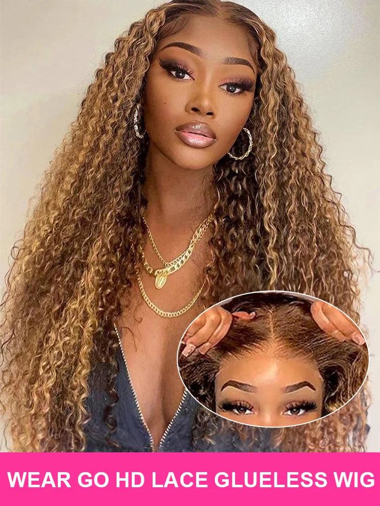 250% Density Wear and Go Glueless Curly Human Hair Wig – Brown Highlight Ombre Deep Water Wave, 13×4 HD Lace Frontal