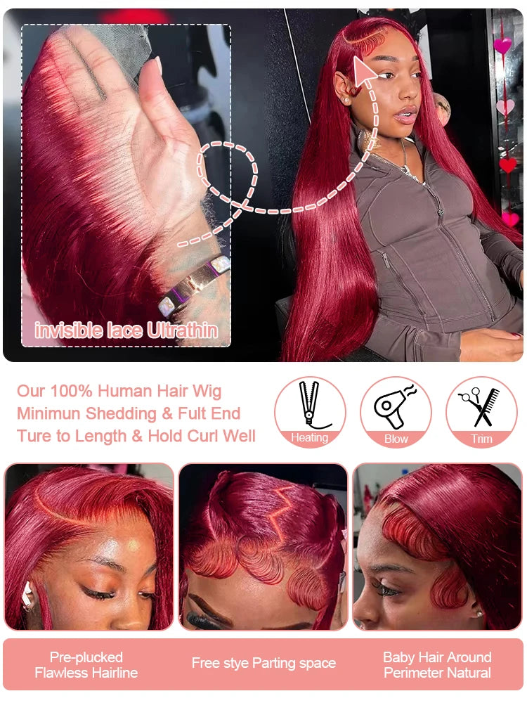 99J Burgundy Straight Human Hair Wig – Red Wine Color, 7×5 Glueless Wear & Go Closure & 13×4 Transparent Lace Front