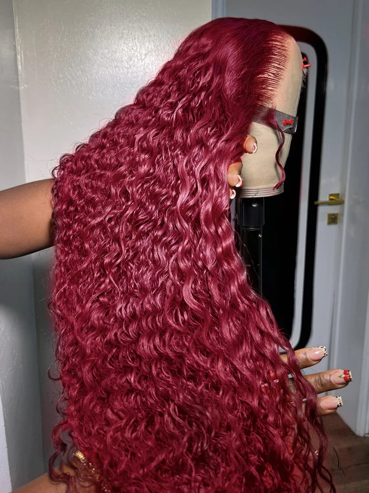 99J Burgundy Deep Wave 13x4 Red Lace Front Human Hair 30 40 Inch 13x6 HD Transparent Colored Lace Frontal Water Curly Wigs
